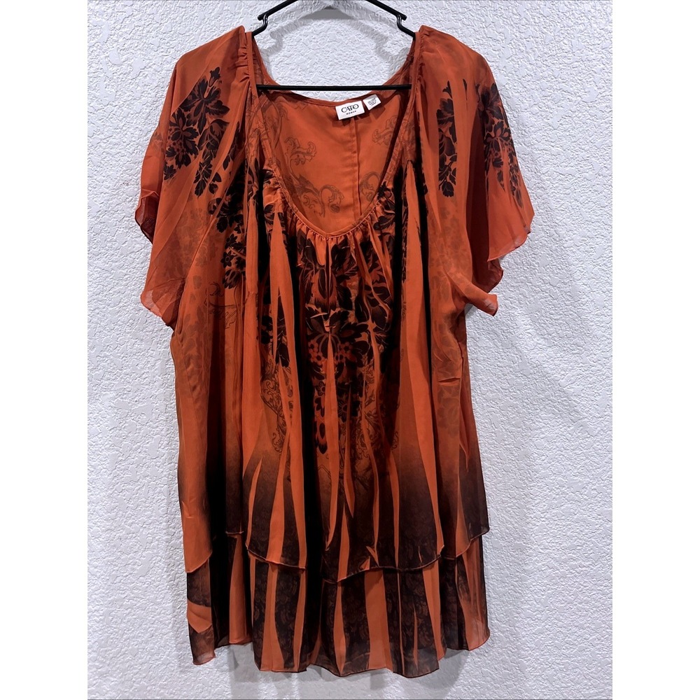 Cato Tunic Women 26/28W Orange Floral Chiffon Flowy Ethereal Romantic Whimsigoth